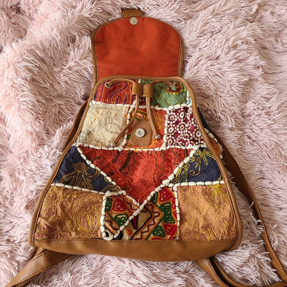 Boho quilt style faux leather adjustable backpack - Picture 2 of 8